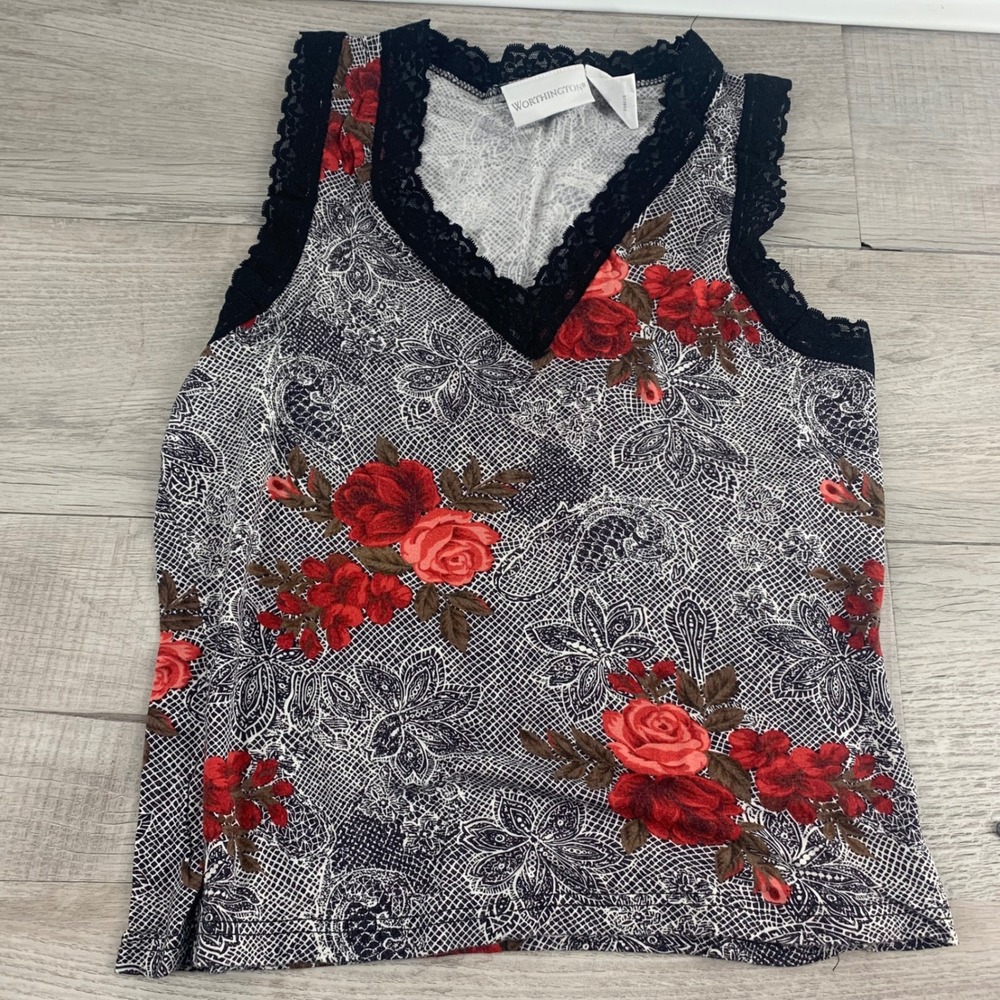 Worthington Red Rose Floral Lace Trim V-Neck Sleeveless Top Medium